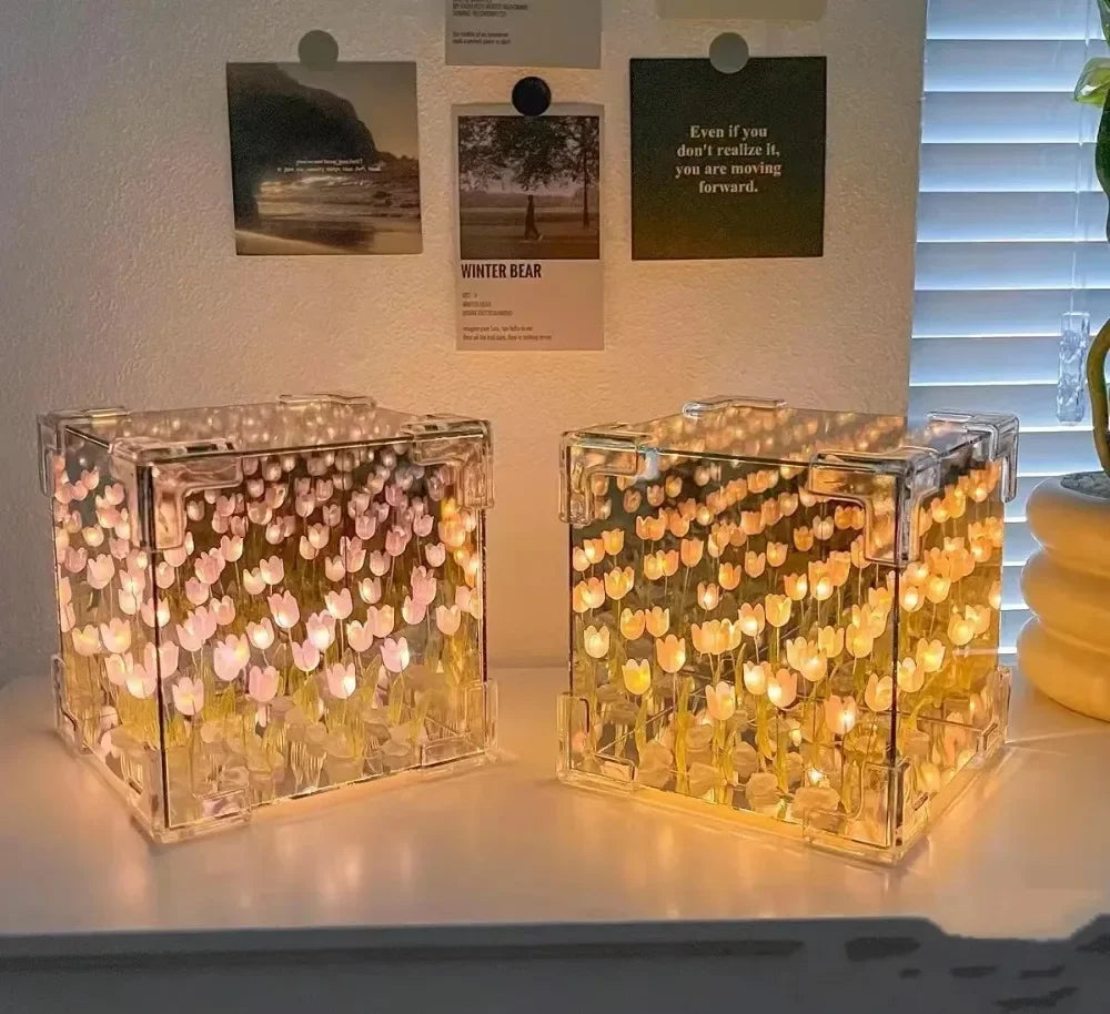 Lampe de nuit tridimensionnelle en forme de cube de mer, fleur de tulipe créative à faire soi-même, paquet de matériel pour petite amie, couple, copines