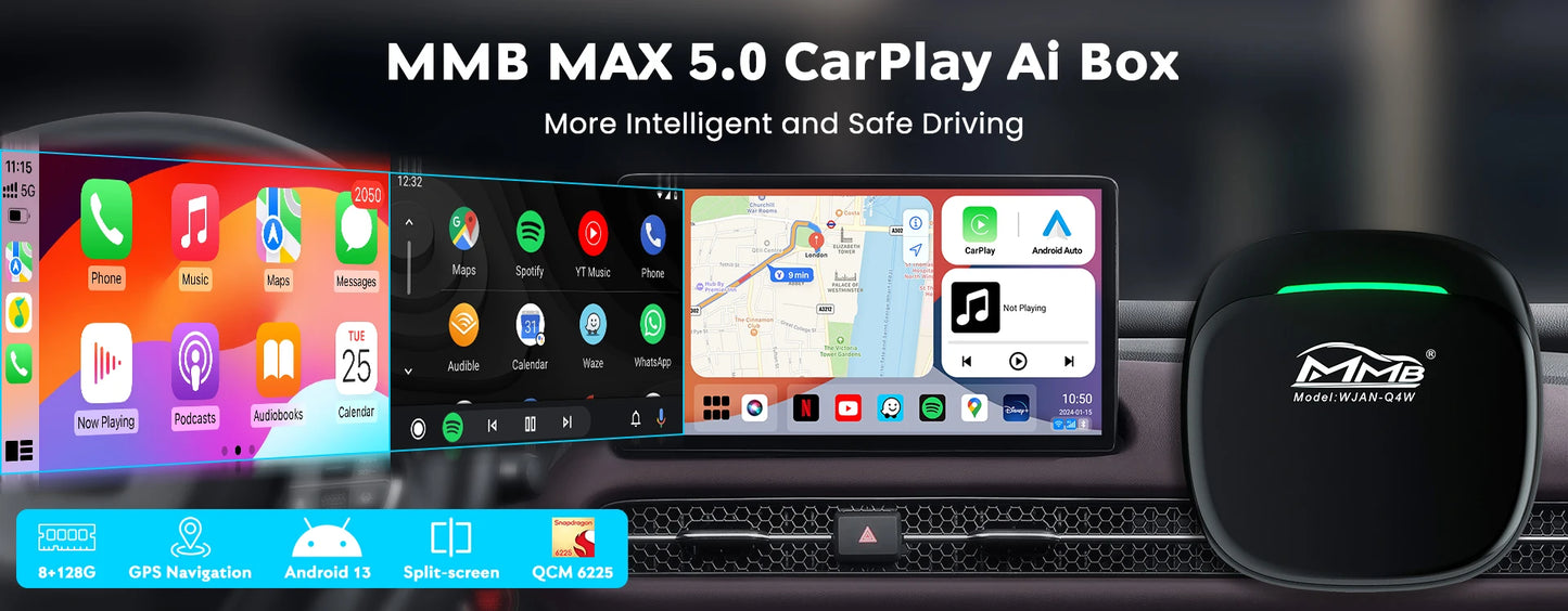 2025 MMB Max 4.0 Android13 Ultra Box QCM6125 8-Cores Wireless CarPlay Android Auto Ai Box 8+128G Auto Connection YouTube Netflix