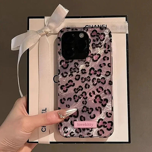 Pink Leopard Print Phone Case for IPhone 16 17 15 14 Pro Max 13 12 11 Pro Max 16e 14 Plus XS XR X17 Air Tinfoil Pattern Cover