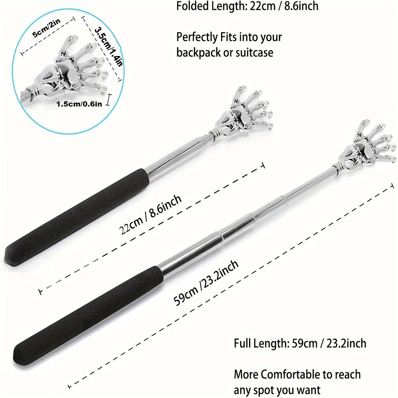 Gratte-dos extensible portable en acier inoxydable pour humains et animaux de compagnie. Masseur de dos extensible.