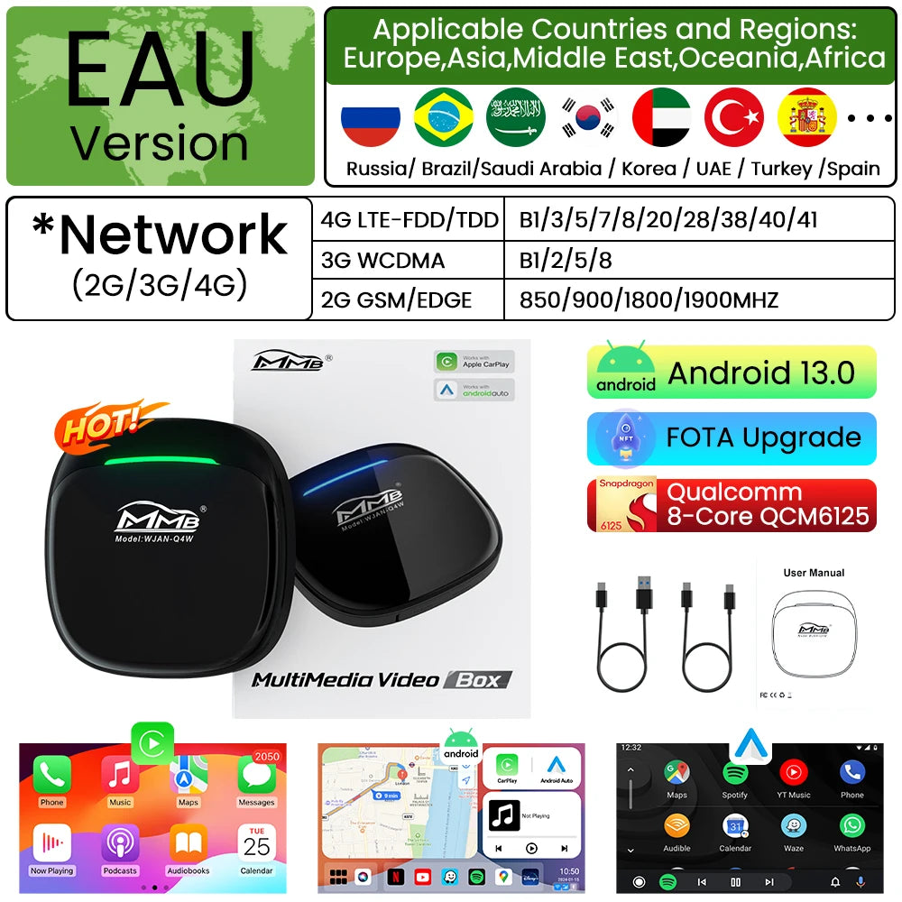 2025 MMB Max 4.0 Android13 Ultra Box QCM6125 8-Cores Wireless CarPlay Android Auto Ai Box 8+128G Auto Connection YouTube Netflix