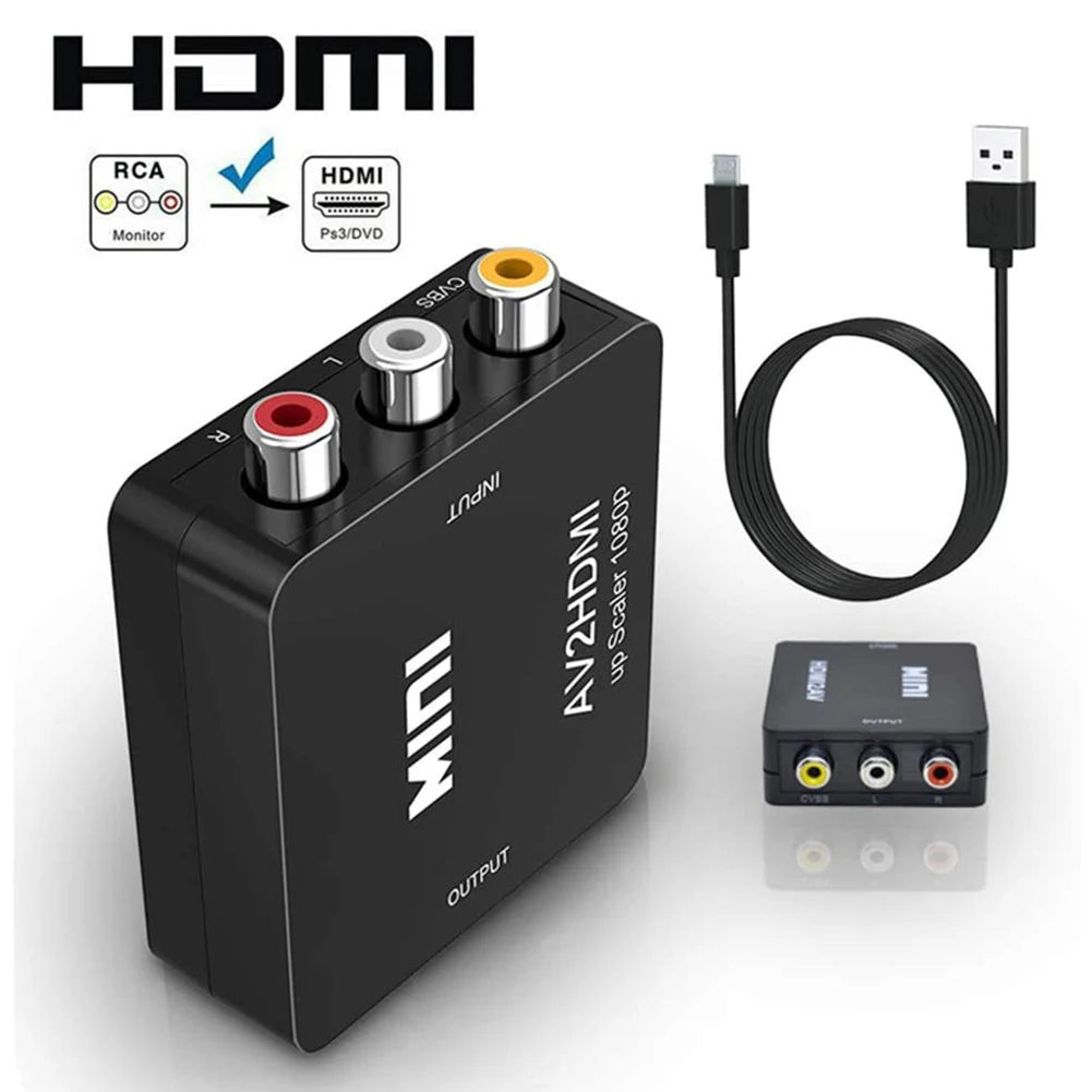 HD 1080P RCA AV to HDMI Converter Mini AV to HDMI RCA Composite CVBS Video Audio Adapter for PS2/3 VCR DVD to TV with USB Cable