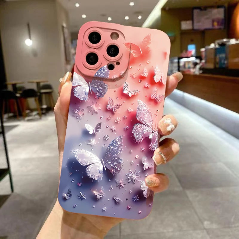 Butterfly & Floral Design Shockproof Phone Case for iPhone 11 12 13 14 15 16 17 Air Pro Max 16E XR XS X 7 8 Plus SE2 Matte Cover