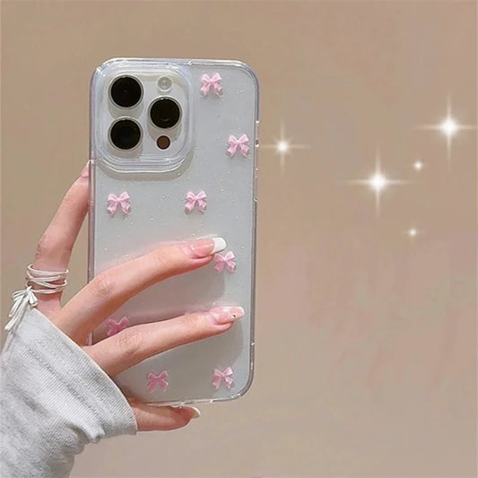 Coque de téléphone à nœud papillon rose pour iPhone 17, 16 Pro, 15, 14, 13, 12, 11 Pro Max, 7, 8, SE 2022, 16E, transparente, souple et résistante aux chocs