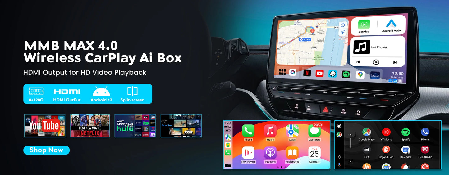2025 MMB Max 4.0 Android13 Ultra Box QCM6125 8-Cores Wireless CarPlay Android Auto Ai Box 8+128G Auto Connection YouTube Netflix