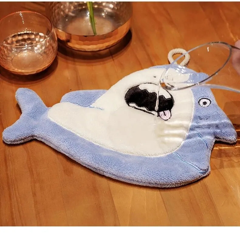 Hand Towel Cute Animal Cartoon Shark Household Cleaning Rag Hanging Absorbent Coral Fleece Kitchen Hand Cleaning Fear