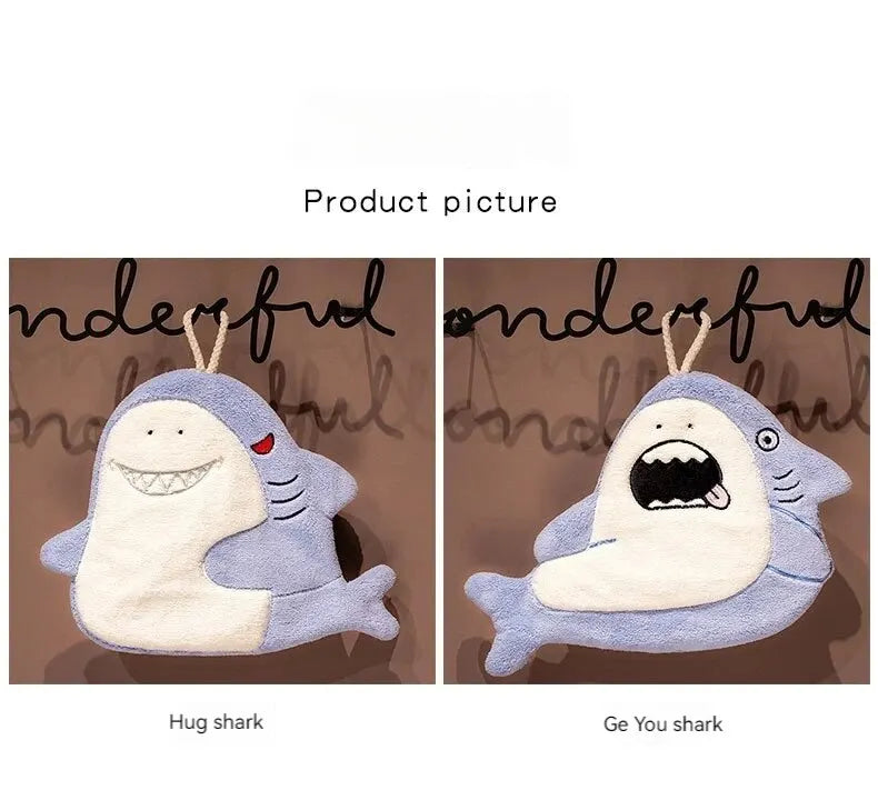 Hand Towel Cute Animal Cartoon Shark Household Cleaning Rag Hanging Absorbent Coral Fleece Kitchen Hand Cleaning Fear