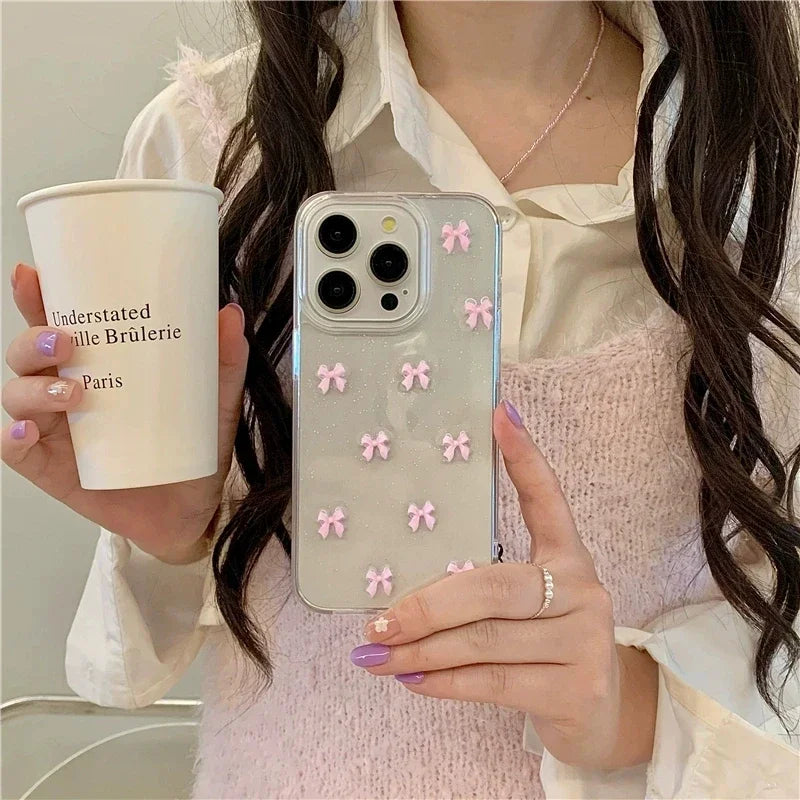 Coque de téléphone à nœud papillon rose pour iPhone 17, 16 Pro, 15, 14, 13, 12, 11 Pro Max, 7, 8, SE 2022, 16E, transparente, souple et résistante aux chocs