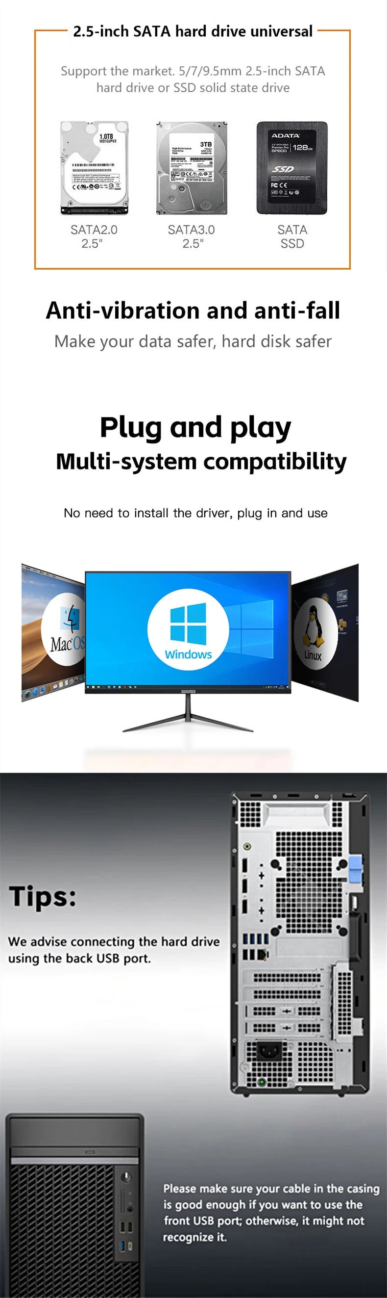USB3.1 SSD/HDD case 2.5" External Hard Drive Enclosure USB 3.0 Hard Disk Case Supports 7mm 9.5mm SATA SSD HDD 6TB For Laptop PC