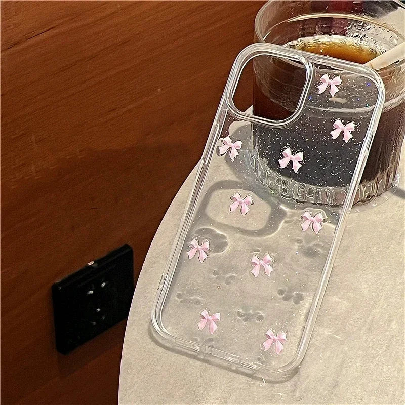Coque de téléphone à nœud papillon rose pour iPhone 17, 16 Pro, 15, 14, 13, 12, 11 Pro Max, 7, 8, SE 2022, 16E, transparente, souple et résistante aux chocs