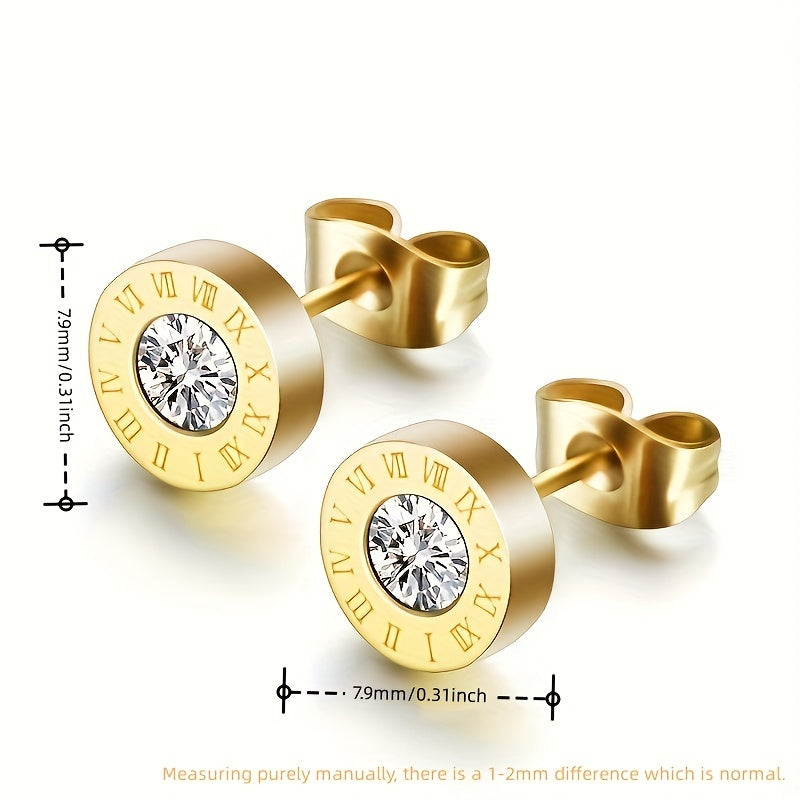 Boucles d'oreilles à tige chics en acier inoxydable avec chiffres romains et zircones scintillantes - Plaqué or rose, parfaites pour un usage quotidien ou en soirée