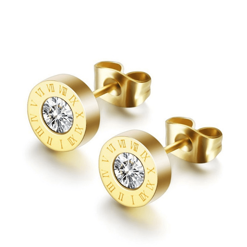 Boucles d'oreilles à tige chics en acier inoxydable avec chiffres romains et zircones scintillantes - Plaqué or rose, parfaites pour un usage quotidien ou en soirée